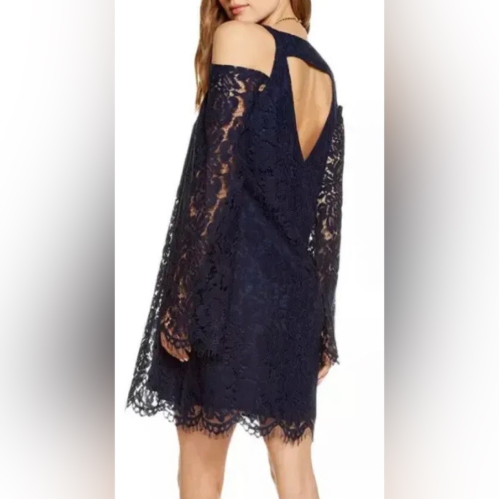 New Chaser Bell Sleeve Open Back Lace Navy Mini Dress Women Medium